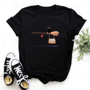 个性卡通动漫猫咪扫帚印花休闲百搭日系风格短袖T恤男女体恤衫