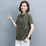绿色纯棉立领衬衫女短袖小个子2023夏季韩版显瘦遮肚大码上衣