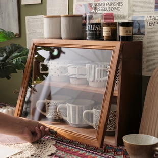 桌面咖啡杯子收纳盒马克杯茶具，展示柜实木水杯化妆品复古木质带盖