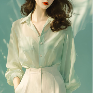 薄荷曼波风小清新法式独特设计感薄款上衣雪纺绿色正肩衬衫女夏季