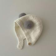 婴儿帽子秋冬款新生婴幼儿护耳，帽纯棉可爱保暖男女宝宝，针织毛绒帽(毛绒帽)