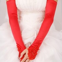 新娘手套结婚婚纱礼服手套加长手套，无指露指绣花手套红白色