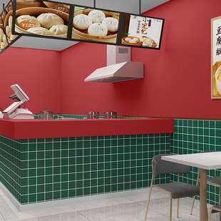墨绿格子墙纸自粘小吃餐饮早餐，快餐店面馆墙壁纸贴纸复古红色防水
