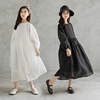 儿童秋季黑色长袖连衣裙，文艺气质少女孩韩版中大童装森系白色长裙