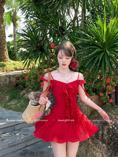 acaine热恋海岛红色中长款a字，连衣裙女夏季法式气质小礼裙裙子