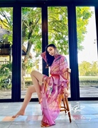 2023年设计师海边度假风真丝长袖连身裙花色粉系长裙气质名媛