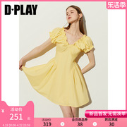 DPLAY2024年夏度假风黄色V领木耳边灯笼袖短袖连衣裙短裙女