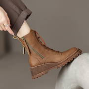 爱米高欧美女鞋秋冬时尚马丁靴绑带牛皮靴子平底坡跟女靴真皮短靴