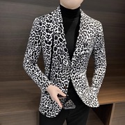高级感豹纹西服男士冬季韩版修身加j厚潮流，百搭休闲小西装外
