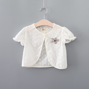 夏季镂空儿童披肩纯棉女童白色短袖，小坎肩宝宝薄款全棉开衫空调衫