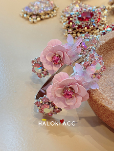 HALOkrACC韩国进口 纯手工粉软陶玫瑰花朵梦幻粉水晶半圆环耳钉