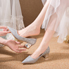 婚鞋女粗跟2022年秋季高跟鞋不累脚，结婚新娘鞋主婚纱水晶鞋子