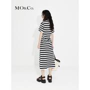 MOCO棉质黑白条纹抽绳镂空短袖连衣裙小众休闲气质裙子