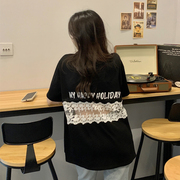 2023夏季韩版设计感蕾丝拼接短袖，t恤女网红镂空露背宽松上衣ins潮