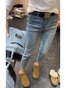 弹力铅笔软牛仔裤女2024年春季高腰，小个子大码设计感小脚裤子