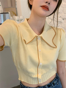 设计感小众娃娃领针织衫短袖T恤女春夏季独特法式别致短款上衣服