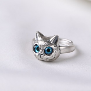 纯银戒指猫头猫咪小猫s925银指环复古设计可爱小动物开口戒子女
