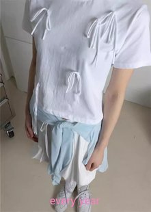 every year韩版小众设计甜辣风不规则蝴蝶结绑带短款圆领短袖T恤