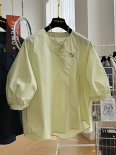 新中式国风高端别致设计感圆领短袖衬衫，女夏季纯棉小衫洋气上衣