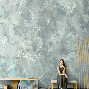 北欧手绘抽象树叶壁纸复古油画，叶子壁画客厅电视，背景墙纸无缝墙布