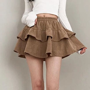 韩国chic春季甜美显瘦百搭灯芯绒半身裙女层层荷叶，边短裙蓬蓬裙子