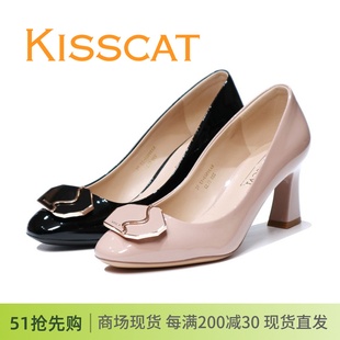 kisscat接吻猫2024粗高跟，39503亮漆牛皮女单鞋ka49503-13