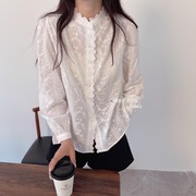 日系甜美长袖蕾丝花边衬衫女重工艺，刺绣立领百搭气质，白衬衣(白衬衣)柔软棉