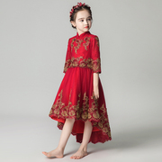 女童公主裙蓬蓬纱晚礼服长袖，中国风钢琴演出服，生日走秀儿童婚纱红