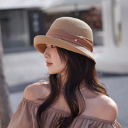 卷边草帽女夏季甜美珍珠草编遮阳帽女士时尚可折叠防晒帽子