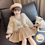 韩国女童套装秋冬季儿童时尚，仿皮草毛毛衣(毛毛衣)外套洋气女孩半身小皮裙