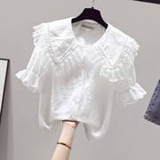 雪纺短袖上衣女装夏装白衬衫，半袖娃娃领蕾丝，小衫2023春装洋气