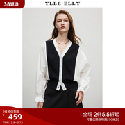 YLLE ELLY黑白撞色开衫2024春季短款雪纺拼接全羊毛针织衫女