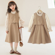 女童连衣裙春季韩版时尚，休闲女中大童拼色假两件套灯芯绒裙子