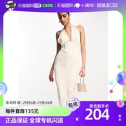 香港直邮潮奢asos女士设计挂脖束腰，褶皱中长连衣裙(白色)
