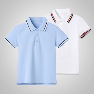 儿童polo衫浅蓝色条纹领短袖，t恤中小学生，校服夏季男女童白色薄款