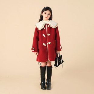 女童新年红色大衣呢子外套，秋冬毛呢冬季冬装，儿童女孩套装大童