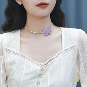 紫色蝴蝶项链女锁骨链小众设计网红个性超仙森系颈带短款颈链项圈