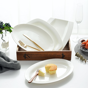 创意日式深鱼盘家用蒸鱼盘子长方形，陶瓷碟子纯白骨瓷大号盘子餐具