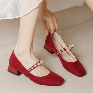 法式低跟方头粗跟玛丽珍复古旗袍单鞋女红色高跟鞋新娘鞋伴娘婚鞋