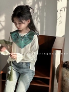 新中式品牌女童装儿童，中大童春季花朵端面领巾，长袖衬衫t恤
