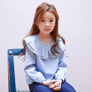 韩国童装女童春秋季荷叶，边领公主t恤上衣儿童，条纹清新长袖娃娃衫