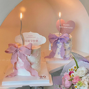 2024母亲节快乐蛋糕装饰插牌粉色紫色褶皱丝带，妈妈节日卡片插件