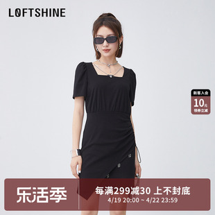 LOFTSHINE珞炫小黑裙法式甜美修身黑色连衣裙夏季方领气质短裙