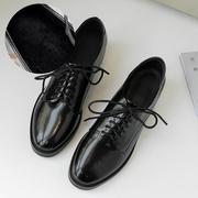 日本黑色小皮鞋女英伦风，复古d系带单鞋，秋冬季粗高跟牛津鞋