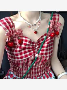 夏装女装高级感套装2023甜辣妹法式樱桃格子吊带连衣裙女ins设计