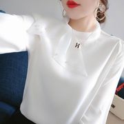 品牌高级感女装雪纺衫长袖2023秋季蝴蝶结V领仙气白色衬衣服