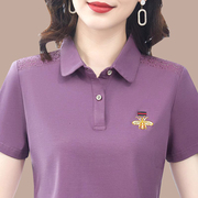 小众紫色刺绣polo衫纯棉短袖t恤女时尚减龄中年妈妈翻领宽松上衣