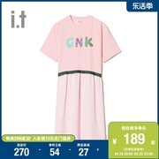 it greenishpink女装连衣裙秋季休闲潮流系带拼接901XDD