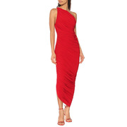 红色单肩长款晚礼服，裙女宴会气质高贵优雅简单大方修身褶皱连衣裙
