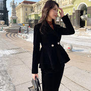 秋冬装丝绒黑色收腰裙摆时尚套装女职业装气质性感西装两件套